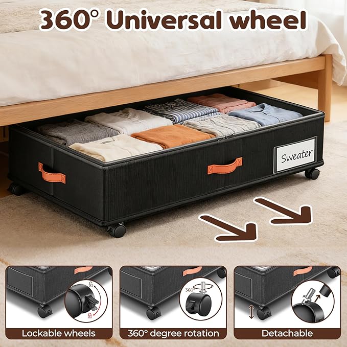 Under Bed Storage with Wheels 2-Pack, Under Bed Storage Containers 60L Clear Lids, Rolling Storage Drawers for Clothes Shoes Blankets, Underbed Organizer Bins(32" L x 17.3" W x 7.5" H)