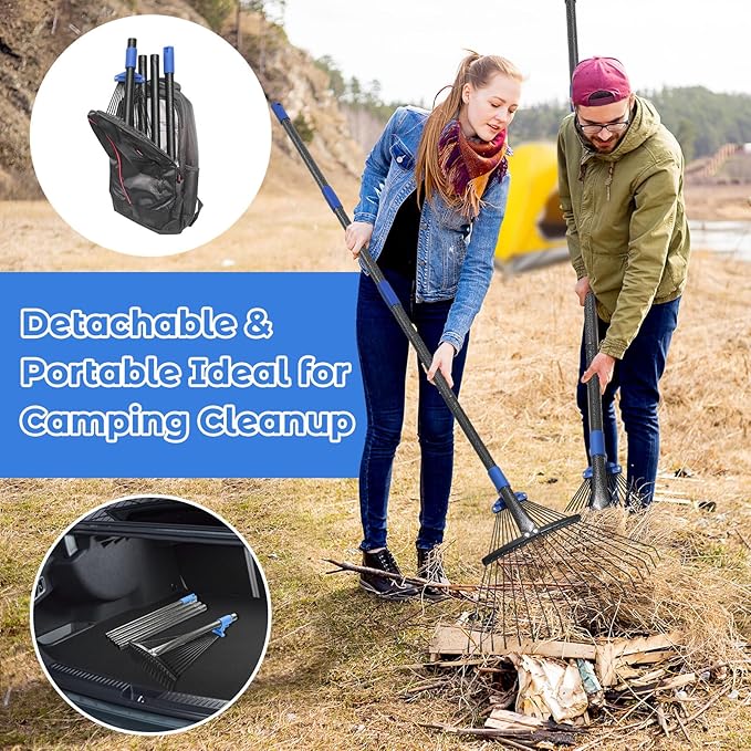 Heavy Duty Garden Leaf Rake-Adjustable Metal Rake with 8-17" Expandable Head,Yard Rakes for Leaves,Grass,Lawns,Shrubs,Flower Beds,Camping,Outdoor Cleanup,Ideal for Women & Kids