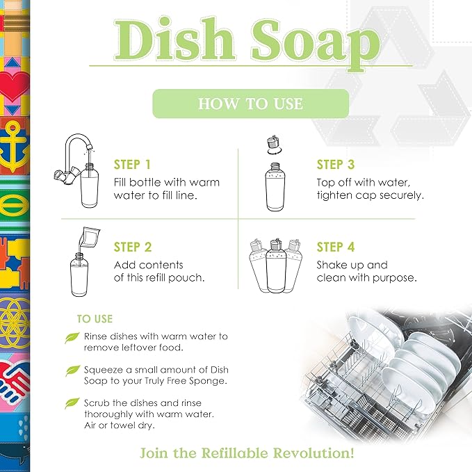 Natural Concentrated Dish Detergent Dishwashing Liquid | Plant-Based Dish Soap | Sweet Basil Fresh Scent | 2 Refill Packs with 1 Empty Refillable Squeeze Bottle (16 Oz)