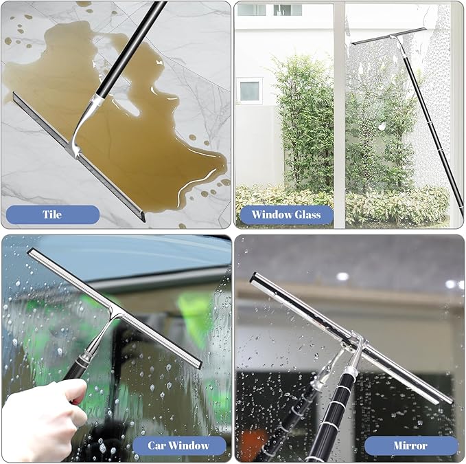 Shower Squeegee with Long Handle,Window Squeegee with Extension Pole Squeegee for Shower Glass Floor Squeegee, Telescoping Shower Squeegee for Glass Door, Tile Wall, Car,Floor