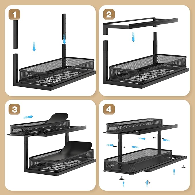 2-Pack 21.3 IN Depth Under Sink Organizer With Next-Gen Ball-Bearing Slides,Sophisticated Mesh 2-Tier Pull Out Shelf for Kitchen & Bathroom,Fits Small Items-Black