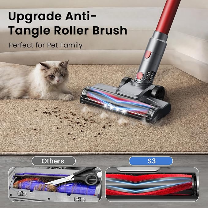 S3 Cordless Vacuum Cleaner, 45kPa Powerful Suction Vacuum Cleaners for Home, 55-Min Runtime Rechargeable Stick Vacuum, Self-Standing, for Pet Hair Carpet Hard Floor, LED Display