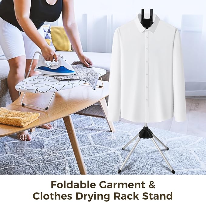 Foldable Garment & Clothes Drying Rack, Foldable Clothes Stand with Adjustable Height, Handheld Hanging Hanger Stand, 4-Leg Clothes Steam Ironing Machine Accessories Bracket