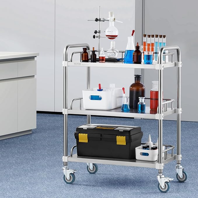 VEVOR Lab Rolling Cart, 3-Shelf Stainless Steel Rolling Cart, Lab Serving Cart with Swivel Casters, Dental Utility Cart for Clinic, Lab, Hospital, Salon, 26.38"x15.55"x34.13"
