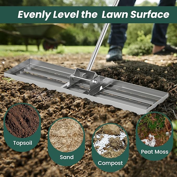 Goplus Lawn Leveling Rake, 36" x 10" Heavy Duty Level Lawn Tool w/ Ergonomic Handle for Soil, Effort-Saving Landscape Rake for Garden, Backyard, Golf Course, Farm, Pasture, Silver