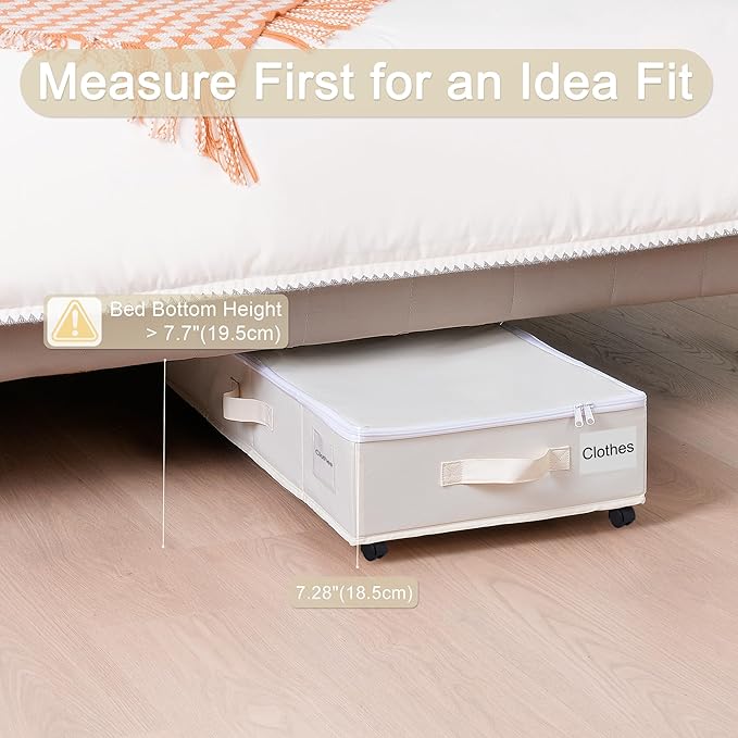 Under Bed Storage with Wheels, 2 Pack Under Bed Storage Containers with Label Holders for Clothes, Shoes and Blankets, Rolling Underbed Shoe Organizer with Cover, Beige (30.71x15.7x7.28 in)