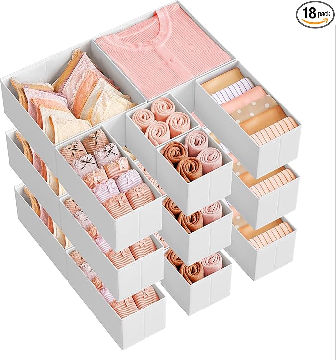 SONGMICS Drawer Organizers, Dresser Divider Organizers, Set of 18, Foldable Fabric Storage Boxes for Socks, Underwear, Bras, Ties, Scarves, Cloud White URDZ006W03
