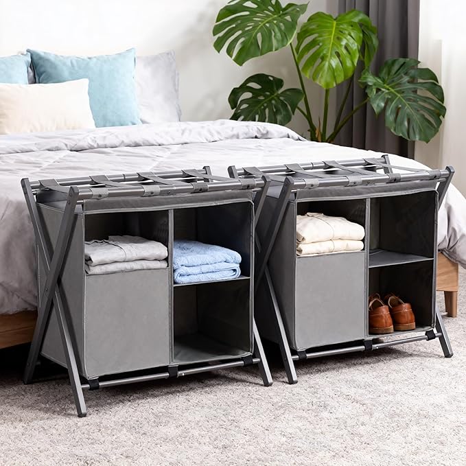 Heybly Luggage Rack with Laundry Bag,Steel Folding Suitcase Stand for Bedroom, Hotel, Foldable Steel Frame, Guest Room Bedroom Hote, 23.62" L x 15.57" W x 24.21" H, Gray,HLR006G1