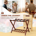 Walnut Luggage Racks Set of 2, Bamboo 26.77" Luggage Rack Stand for Guest Room, 5 Nylon Straps, Foldable Suitcase Stand with Storage Shelf for Bedroom Hotel, Holds up to 165 Lbs