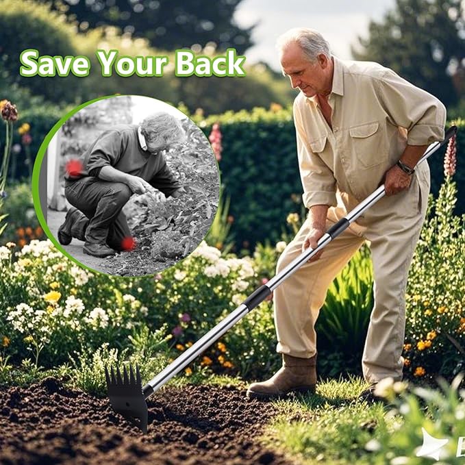 Weed Puller Tool with Long Handle, Hoe Garden Tool Weeding Rake Combo for Uprooting, Garden Hoe, Weed Remover Manual Weeder for Yard Flower Bed