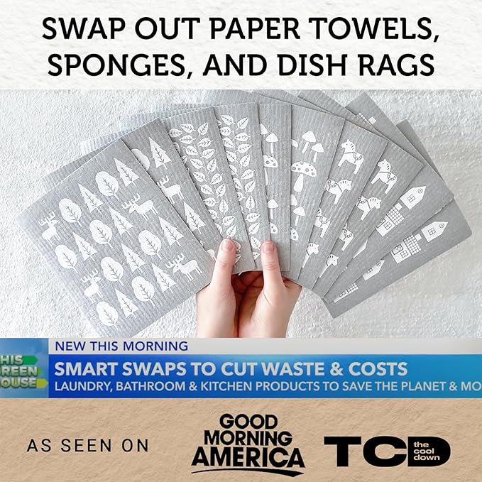 Nordhus Design Swedish Dishcloths,10 Grey Cloths, Made in Sweden - Reusable, Washable Cellulose Cotton Kitchen Cloths - Replace Paper Towels, Wipes, Sponges, Dish Rags