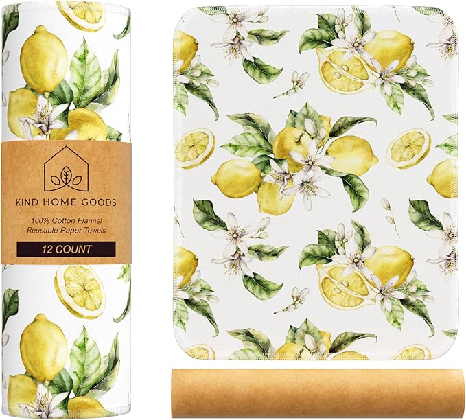 Reusable Paper Towels (12"x10”) - Soft Absorbent 100% Cloth Paper Towels- Washable Paper Towels Rolls w/Cardboard Roll-Reusable Napkins Washable- Dish Cloths (Vintage Lemons, 12x10inch)