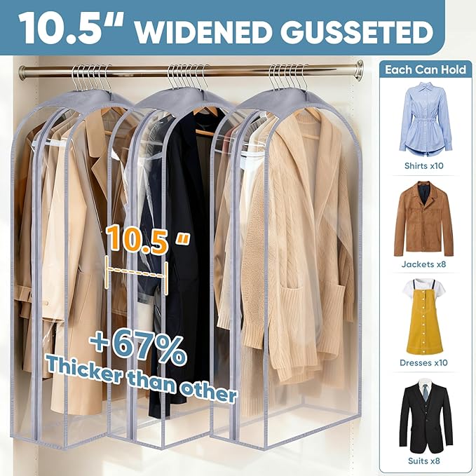BALEINE 48'' Clear Garment Bags, 10.5'' Wide PEVA Suit Bag for Closet Clothes Dresses Suit Coats Storage (Clear, 3PK)