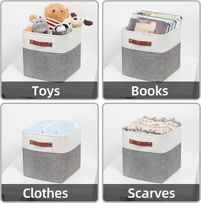 HNZIGE Fabric Cube Storage Baskets Bins Cube Baskets 11x11, Set of 4, Foldable Storage Cube Bin Baskets for Shelves with Handles, Bins for Cube Organizer Home Toy Nursery Closet Bedroom(White Gray)