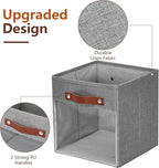 Storage Cube Organizer with Clear Window, Linen Collapsible Storage Boxes with PU Handles, Cube Storage Bins for Shelf, Closet, Cabinet, Bookcase (10.5x10.5x11, Gray)