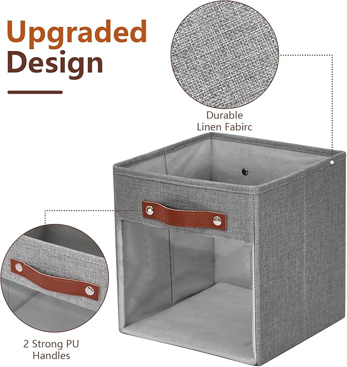 Storage Cube Organizer with Clear Window, Linen Collapsible Storage Boxes with PU Handles, Cube Storage Bins for Shelf, Closet, Cabinet, Bookcase (10.5x10.5x11, Gray)
