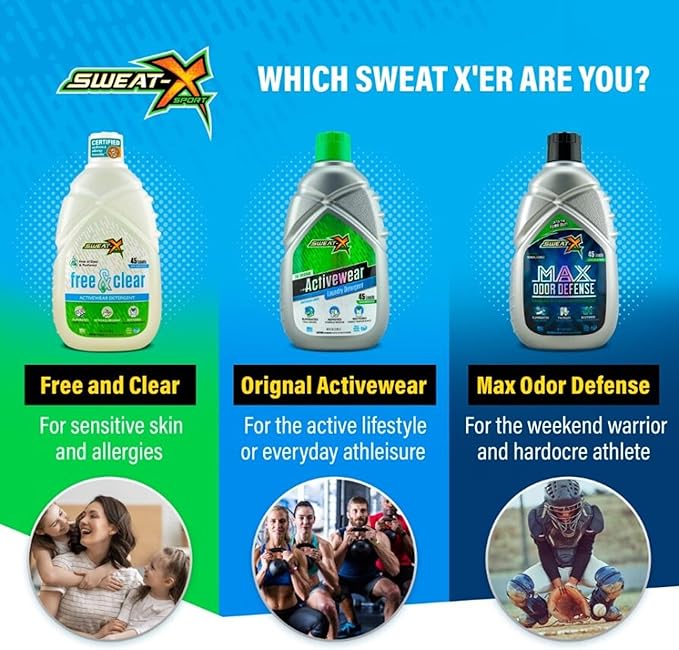 Sweat X Original Max Odor Defense Laundry Detergent – Remove the Worst Odors & Toughest Stains – High Performance Sports Wash for Training Gear & All Fabric Types – 45 Loads/Bottle – 4 Pack