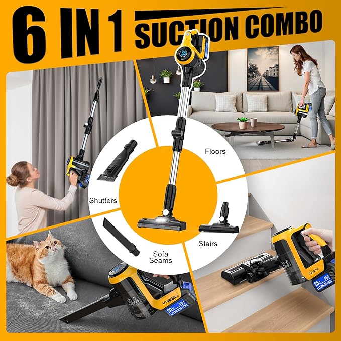 Ecarke Cordless Stick Vacuum Cleaner Compatible with DeWalt Battery, 350W Brushless Motor, 30KPa Suction, 6-in-1 180° Bendable Wand, Smart Screen 2x5AH Batteries & Charger – Hardwood Floors
