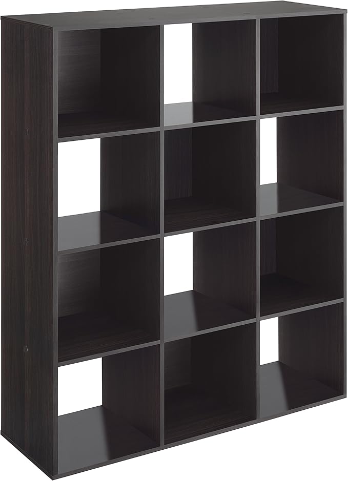 Whitmor 12 Cube Storage Organizer, 4 Tier Stackable Mdf Wood Bookcase, Open Storage Display Bookshelf, Storage Cabinet for Living Room, Bedroom, Home, Office, 35.1"L x 11.7"W x 47.5"H, Black