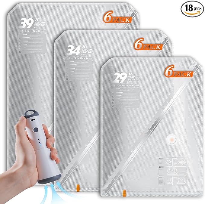 Vacbird 18 Pack Vacuum Storage Bags Set with Rechargeable Wireless Pump Large/Medium/Small Vacuum Seal Bags for Clothing Travel and Home, Compression Packing for Comforters, Blankets and Bedding
