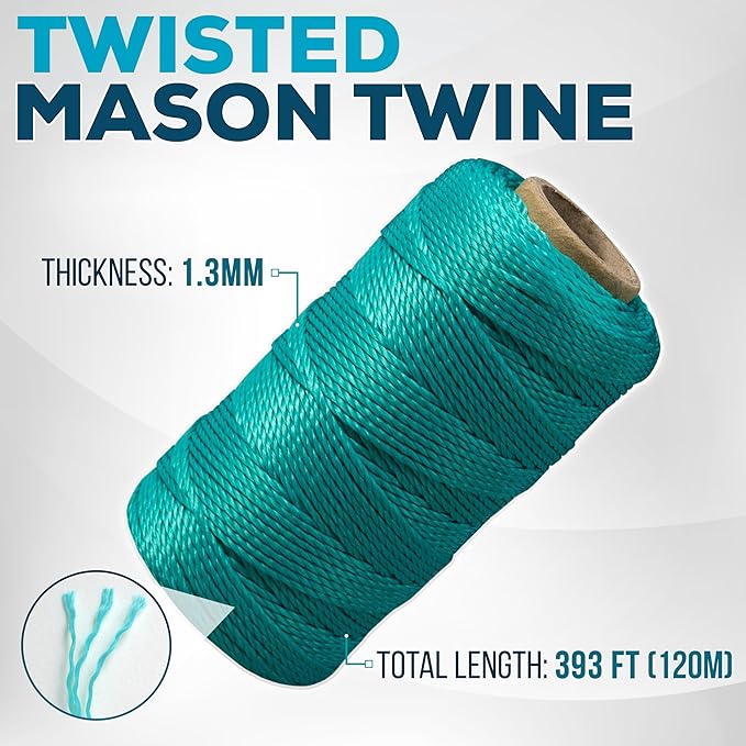 Green Mason Line String – 393ft, 1.3mm Thick Twisted Polypropylene – Durable Construction Twine for Laying Bricks, Blocks, Fences in Gardening, DIY & Landscaping Projects