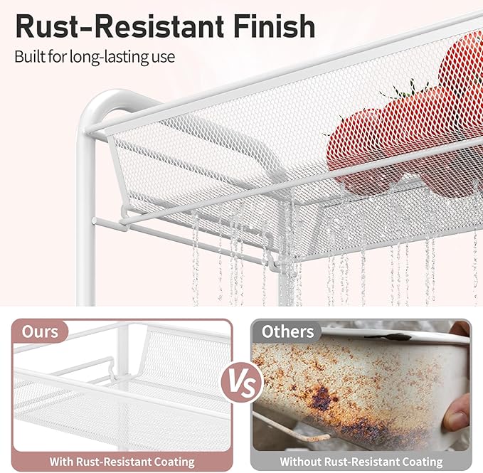 TOOLF 3-Tier Metal Rolling Cart, Mesh Wire Easy Assemble Utility Cart, Storage Trolley on Wheels with 3 Hooks, MetalStorage Shelving Units for Kitchen Bathroom Laundry Room