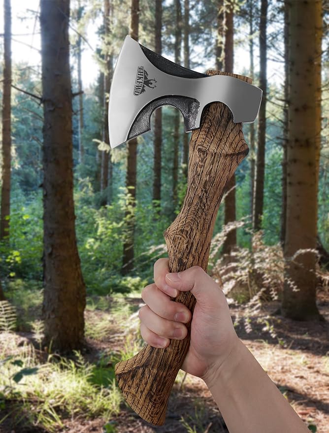 Camping Hatchet -Chopping Axe with Leather Sheath, 13.8" Forged Carbon Steel Wood Splitting Axe for Chopping Camping Survival