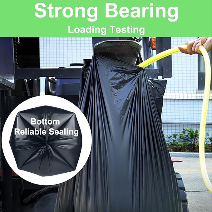 55-60 Gallon Trash Bags Heavy Duty 150 Count Bulk with 4 Innovative Flap Ties | Compatible with Rubbermaid Brute & Winco & Behrens 50-60 Gallon Round Trash Can | Tear & Leak Resistant Black