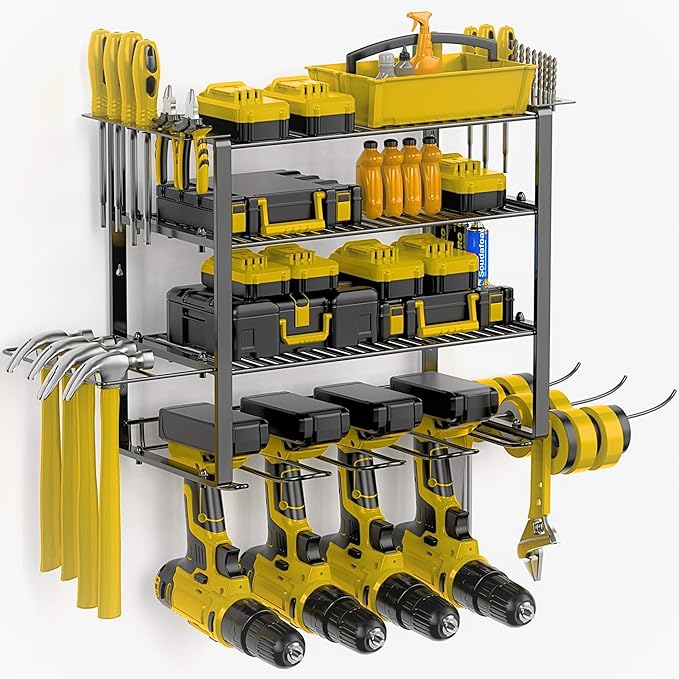Heavy Duty Drill Holder & Power Tool Organizer Wall Mount, Metal Cordless Tool Organizer for Cordless Drill, Accessory Holder Rack (4 TIER 4 DRILL HOLDER, Without Charging Station)