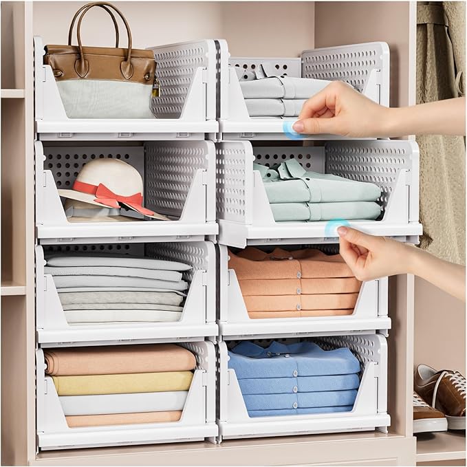 4 Pack Stackable Closet Storage Basket - Stackable Storage Bins, Multifunctional & Foldable Closet Organizer, Wardrobe Cupboard Space-Saving Clothes Storage Hat Organizer, White