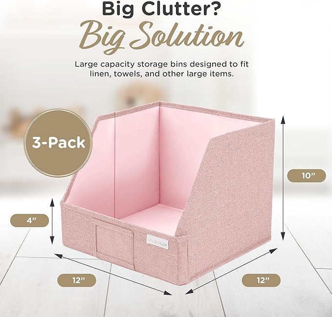 Closet Bins for Organization – 12x12x10 Foldable Boxes for Clothes, Fabric Trapezoid Storage Bins, Storage Baskets, Decorative Storage Baskets, Sweaters, Baby Clothes, Nursery– Pink, 3 Pack