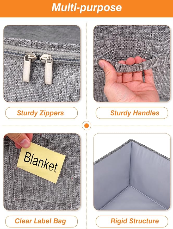Blanket Storage, Comforter Storage Bag With Rigid Side & Bottom Support, Stackable Clothes Storage Bin For King Size Comforters Sweater Bedding Quilt Pillow Closet Organizers, 21.7x14.2x11.8in, 2Pcs