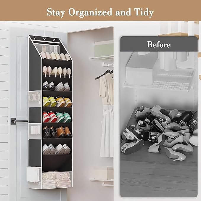 Over The Door Shoe Organizer - Shoe Rack with 8 Tiers, Sturdy Oxford Fabric Storage for Closet, Entryway, Dorm Room, Bedroom, Space Saving Holder for All Types Over The Door Organizer(Black)