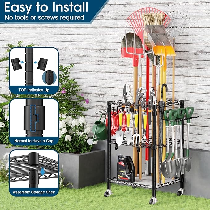 T1 Garden Tool Organizer（With Lockable Wheels）Heavy Duty Garage Tool Storage for Yard，Shed，Outdoor and Lawn，Freestanding Tool Organizers and Storage UP to 50 Tools，Black with Anti-Tip Device