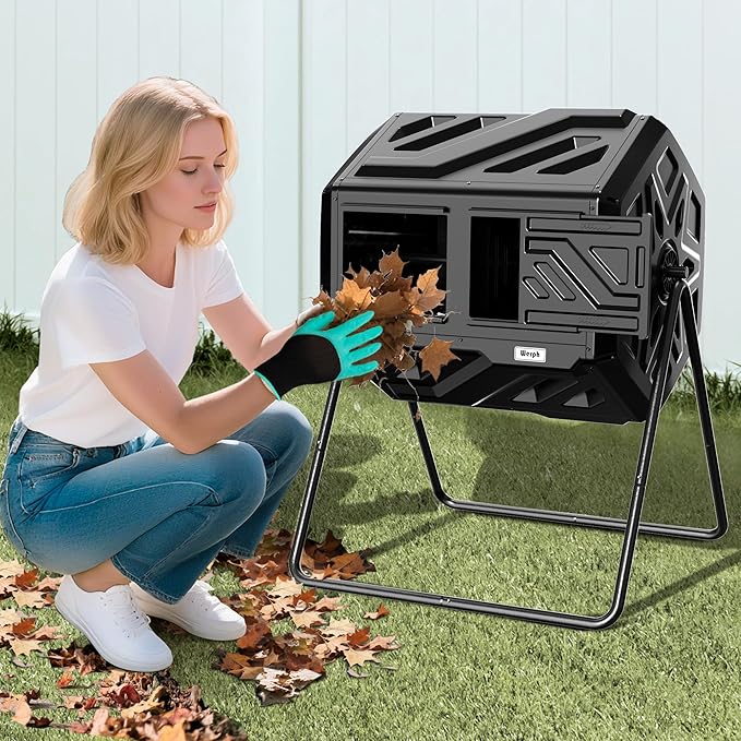 Compost Bin Outdoor Composter, Fast Assembly 43 Gallon Dual Chamber Outdoor Compost Tumbler, Heavy Duty Tumbling Rotating Composter for Patio, Garden,Yard, Black, Easy Setup, Gloves Included