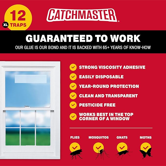 Catchmaster Window Fly Traps 12-Pack XL, Fruit Fly Traps for Indoors, Disposable Bulk Bug Catcher, Waterproof Insect Glue Trap, Adhesive Fly Strips, Pest Control for Home, Kitchen, & Garage