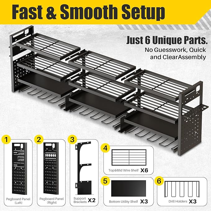 49'' W Power Tool Organizer Wall Mount | Large 620lbs Garage Storage Rack with 12 Cordless Drill Holder | 4-Tier Heavy Duty Metal Utility Shelf for Workshop Organization