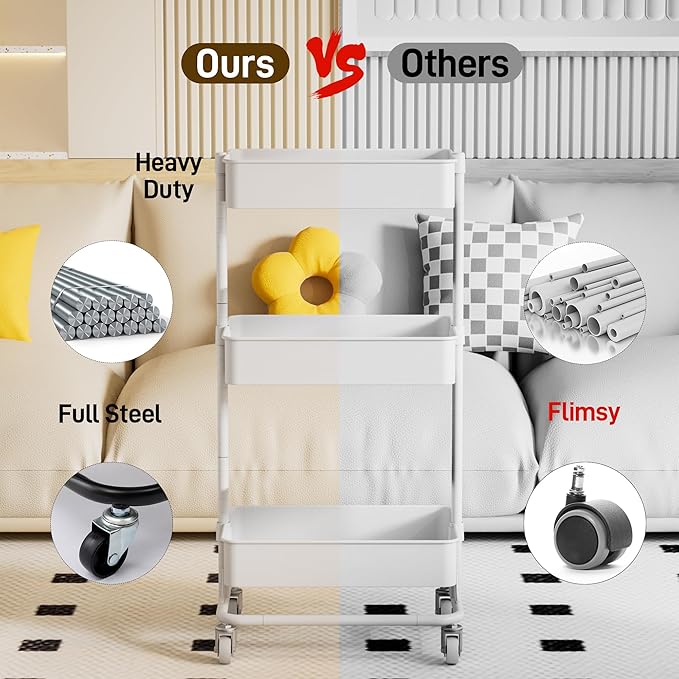 TECBOT 3 Tier Metal Rolling Cart with Wheels, Utility Storage Cart with Handle and Lockable Casters, Storage Basket Organizer Shelves, Easy Assemble for Kitchen, Living Room, Office, Nursery, White