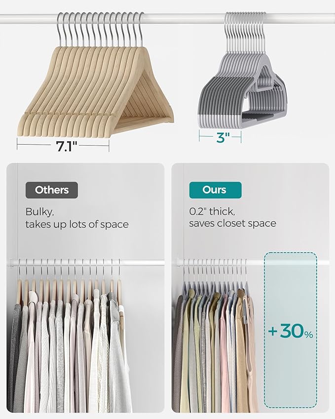 SONGMICS Pack of 30 Coat Hangers, Space-Saving Plastic Clothes Hangers, Non-Slip, 0.2 Inches Slim, 16.5 Inches Wide, 360° Swivel Silver Hook, Light and Dark Gray UCRP20G30
