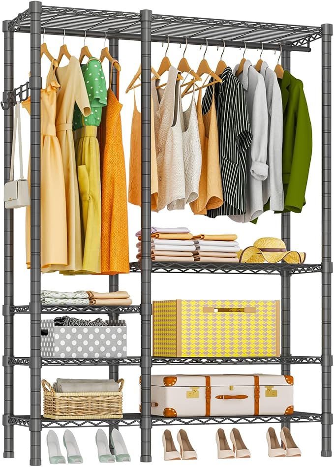 Heavy Duty Garment Rack, Metal Freestanding Closet Wardrobe Clothes Racks for Hanging Clothes, 4 Tiers Adjustable Wire Shelving, 44.9'' L x 16.5'' W x 76.8 '' H, Max Load 850LBS, Black