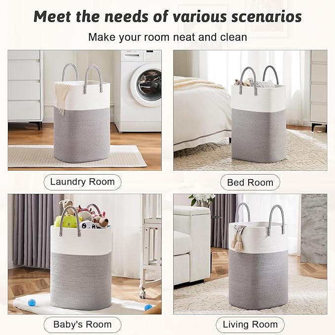Laundry Basket,Woven Cotton Rope Laundry Hamper,Versatile Storage for Dirty Clothes,Baby Toys,and Blankets in Bathroom, Nursery,and Living Room (Grey, 40L)