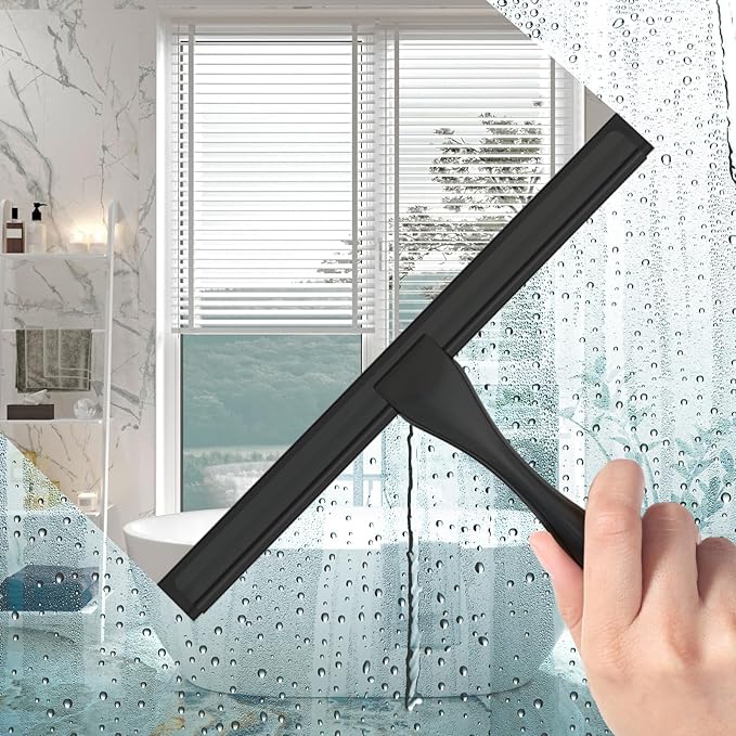 All-Purpose Stainless Steel Shower Squeegee for Glass Doors with Adhesive Hooks, Squeegee for Shower Glass, Bathroom Household Cleaner Tool for Window Mirror Tile Wall Car, 10 Inch Black
