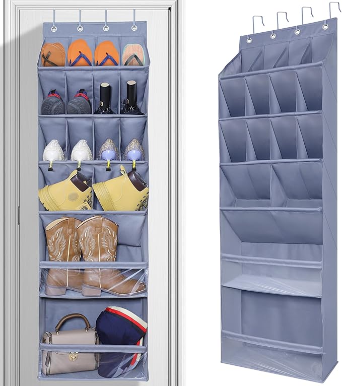 Over The Door Shoe Organizer, Hanging Shoe Rack with 16 Deep Pockets, Wall Shoe Storage for Closet and Narrow Door, RV Storage and Organization, Grey
