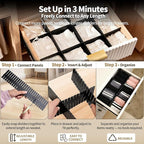 Drawer Divider Adjustable Diy Storage Organizer Separator for Tidying Clutter Cutlery Makeup Clothes of Dresses, Desk & Box in Kitchen Bathroom Bedroom Office (Cut at Will) (Black 32pcs)