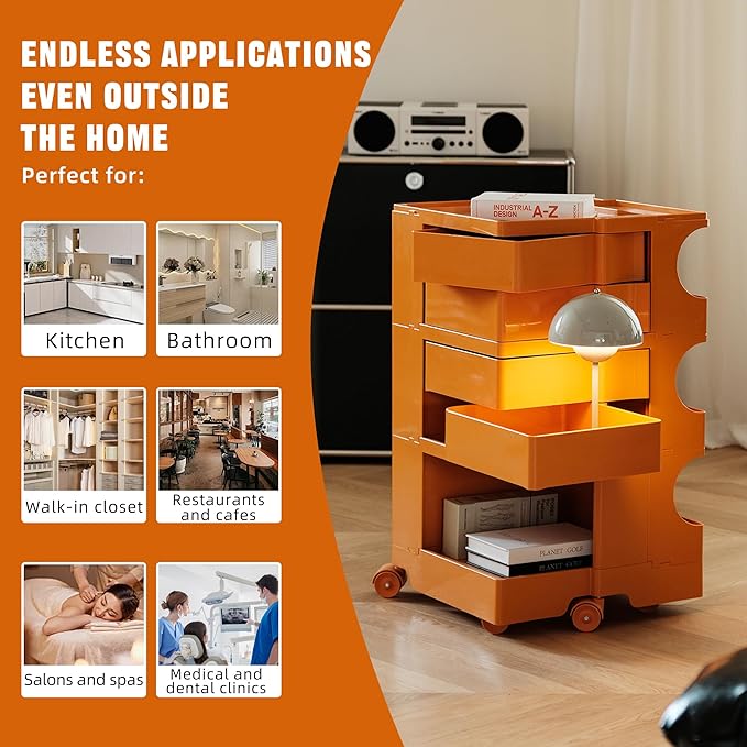 Multipurpose Utility Storage Cart - ABS Plastic Storage Caddy with Wheels and Slide Out Drawers - 360°Rotating Professional Trolley Cart - Mobile Caddy for Salon Supplies, Kitchen Needs (Orange)