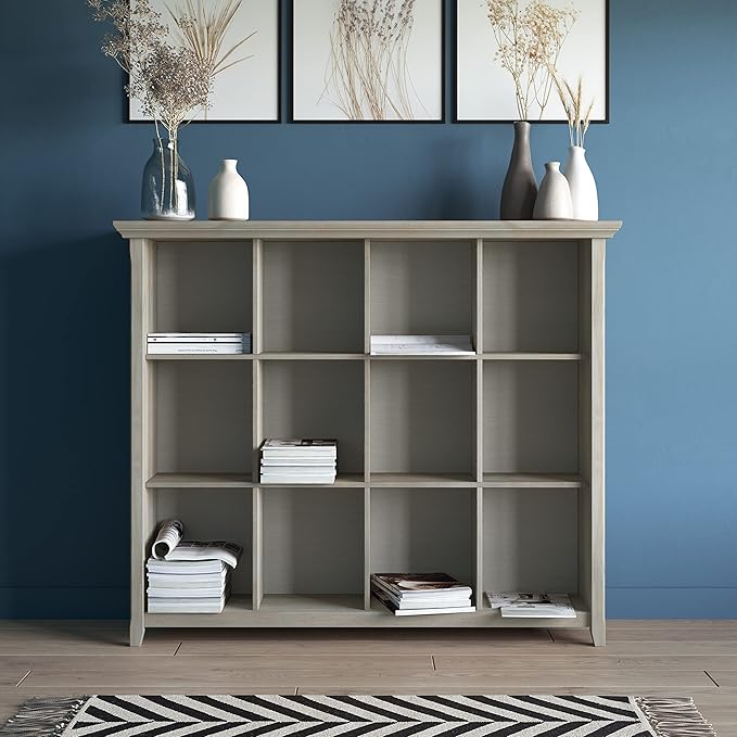 SIMPLIHOME Acadian Bookcase - 57 inch Tall 12-Cube Solid Wood Storage Display Unit in Distressed Grey, Transitional Cube Organizer for Living Room or Office with Fixed Shelves and Tapered Legs