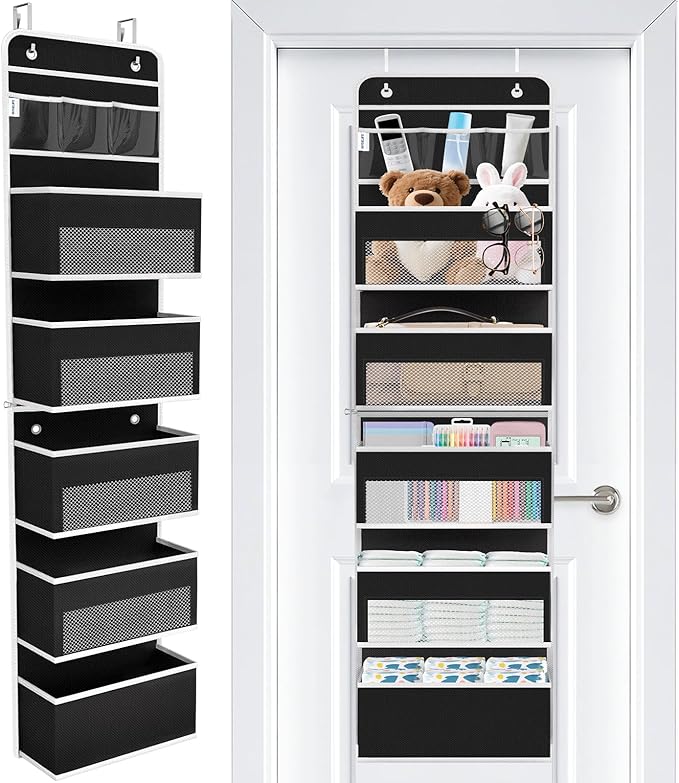 WISELIFE Over the Door Organizer - 6 Shelves Detachable Hanging Bedroom Storage Solution with 5 Large Pockets and 3 PVC Pockets for Dorm Bathroom, Pantry Nursery Baby Essentials (Black)