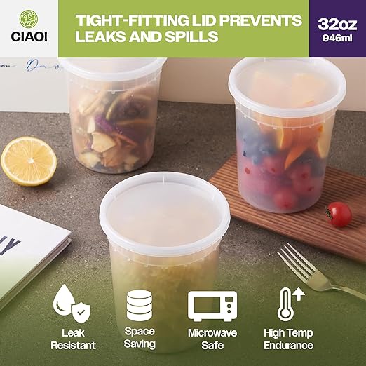 CIAO! 32OZ PP Injection Molded Soup-Deli Container with LLDPE Lid, Microwavable and BPA Free (240/240 combo pack)