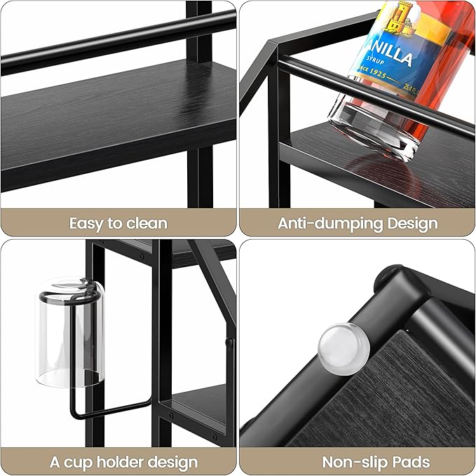 Coffee Syrup Rack Organizer, Spice Racks, Syrup Bottle Holder Stand for Coffee Bar, 3-Tier 12 Bottles Storage Shelves for Syrup, Wine, Dressing for Kitchen Countertop, Black
