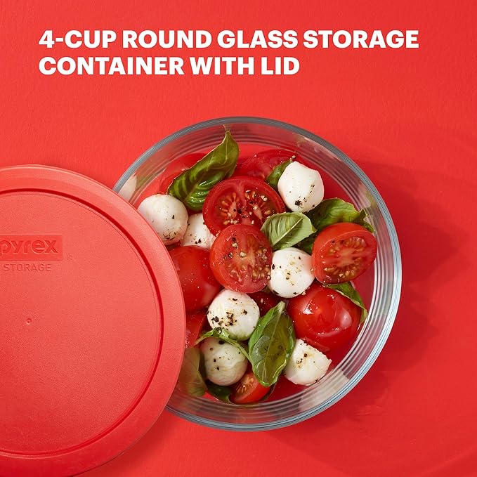 Pyrex Simply Store Glass Food Storage Container, Snug Fit Non-Toxic Plastic BPA-Free Lids, Freezer Dishwasher Microwave Safe, 4 Cup